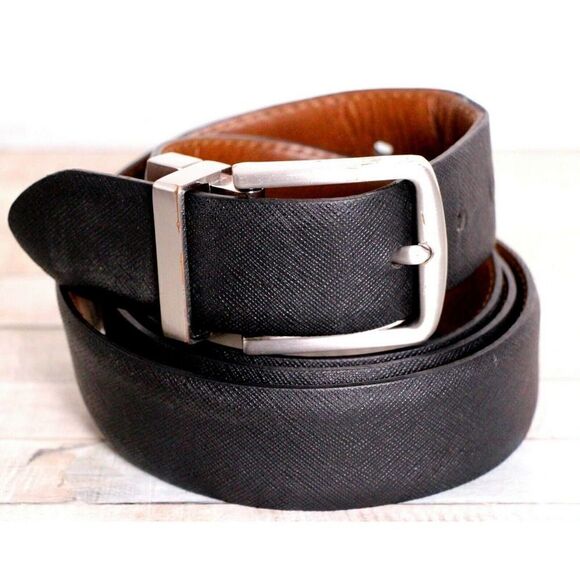 SAFFIANO BLACK BROWN GENUINE LEATHER 1.25"W REVERSIBLE DRESS MEN'S BELT 42 (X10 - Picture 1 of 11
